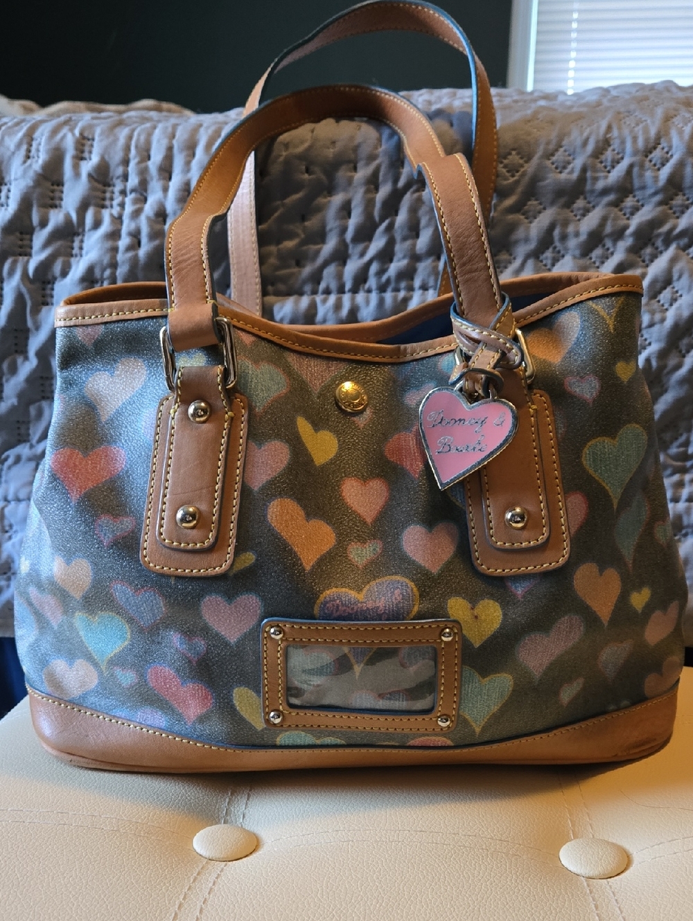 Dooney & Bourke Multicolor Heart Canvas Tote with Tan Leather Trim